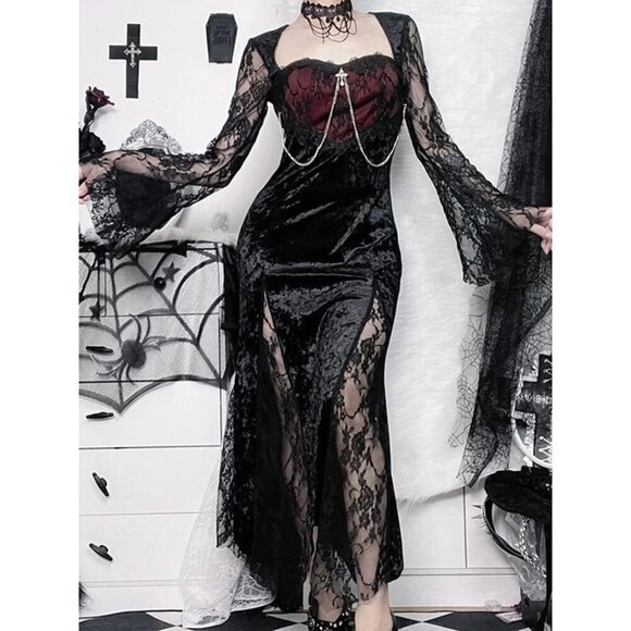 Contrast Lace Long Sleeve Split Dress Black Goth Vintage Dresses Clothes - Picture 2 of 8